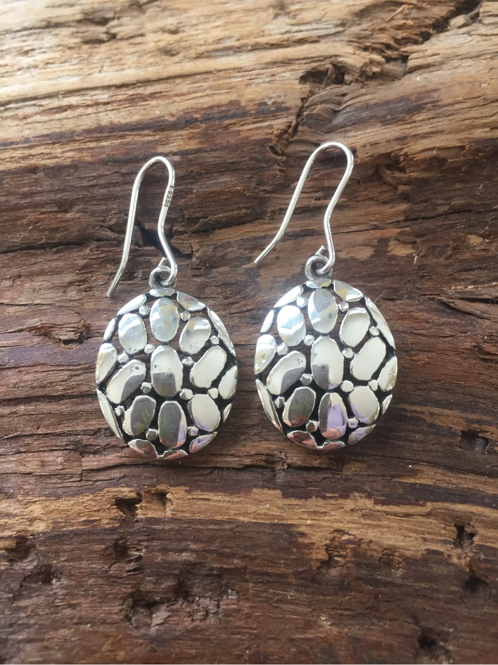 Sterling Silver Textured Oval Drop Earrings - Silver